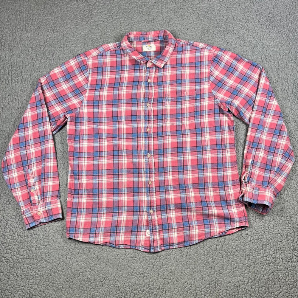 Marine Layer Button Down Men L Plaid Cotton Red Casual Soft Long Sleeve